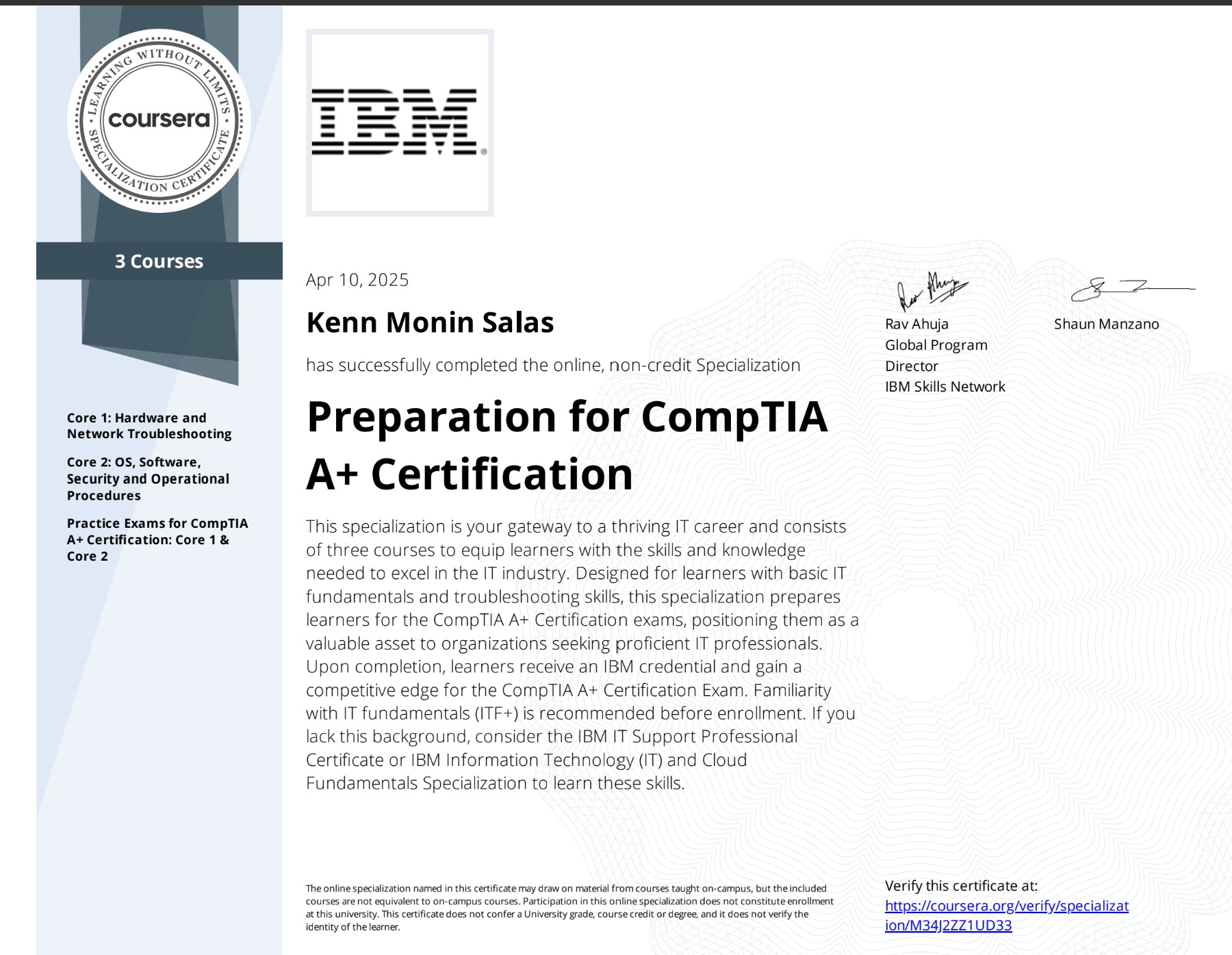 Additional Certificate